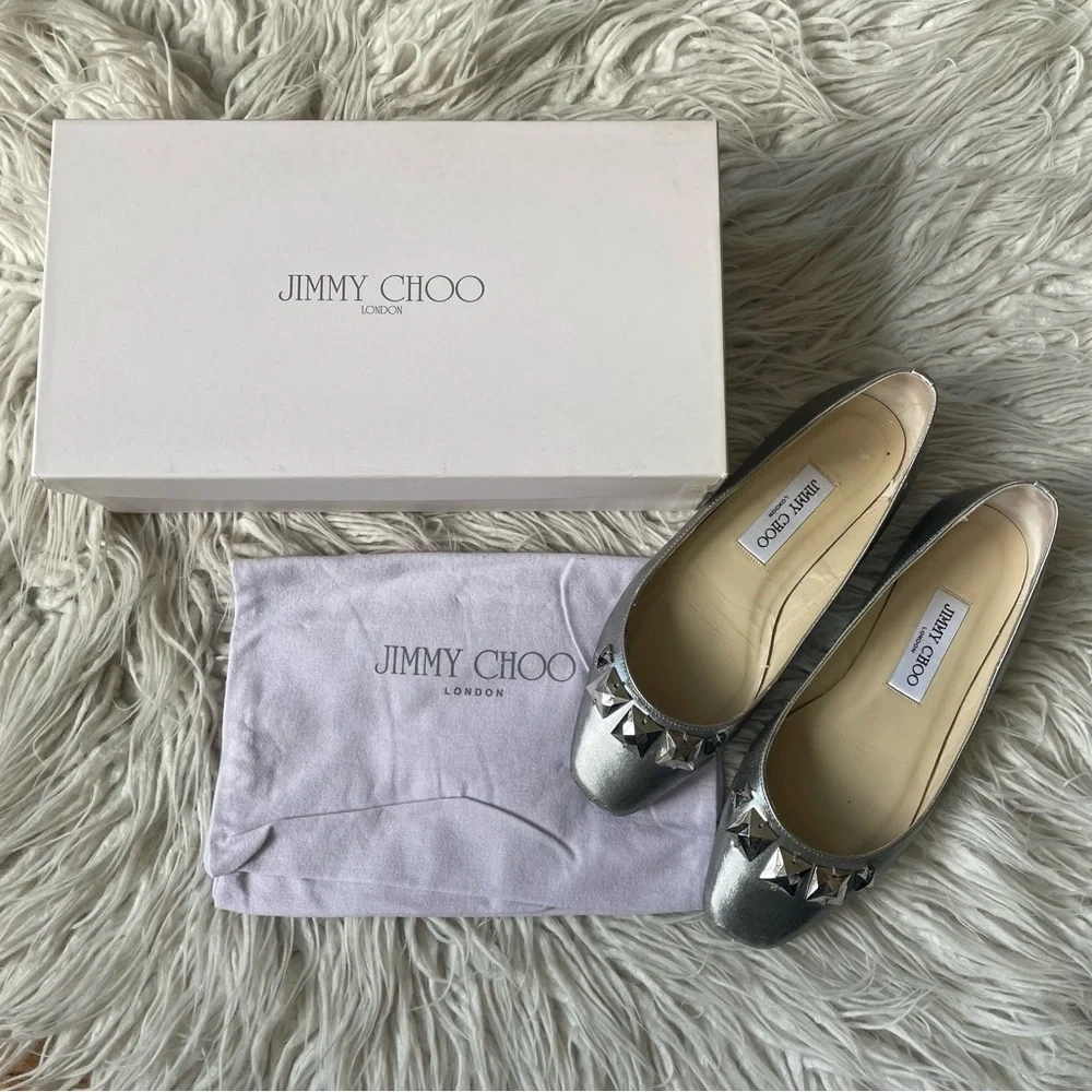Jimmy Choo Watson Silver Metallic Calf Leather Studded Accents Ballet Flats 37